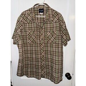 Wrangler Mens XL Tan Plaid Pearl Snap Short Sleeve Snap Up Shirt